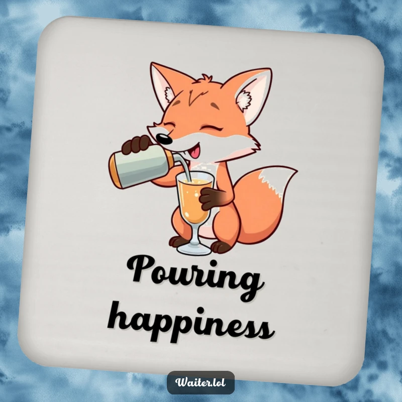 Funny playful fox pouring a drink with an exaggerated flourish on drink coasters, adding stylish humor, a funny gift.
