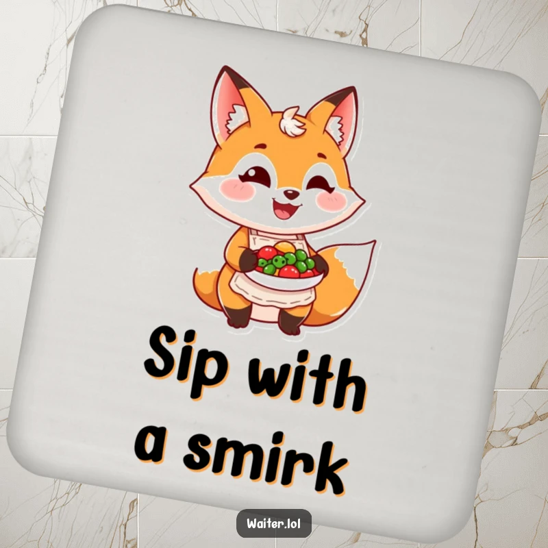 Funny grinning fox wearing an apron presents a colorful dish on a drink coaster, offering humorous culinary protection.