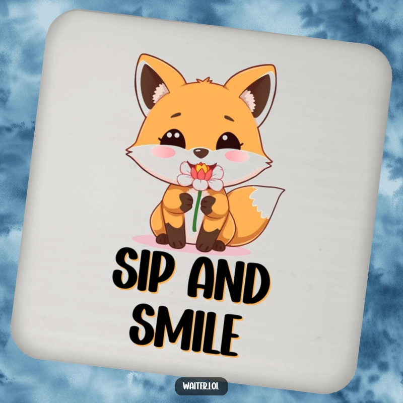Funny drink coaster showing a happy fox with a beaming smile delivering a single perfect flower, protecting surfaces humorously.