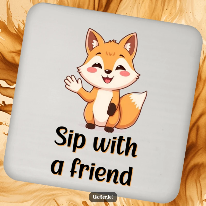 Funny Fox Greeting Coaster: A smiling fox offers a welcoming gesture, a cute and functional addition to any table.