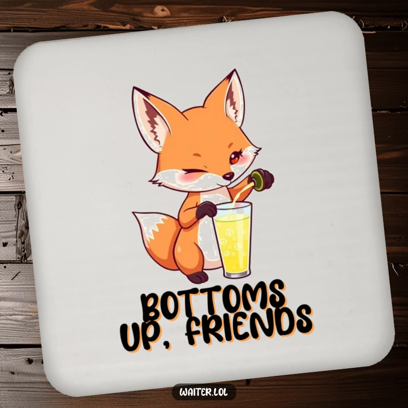Funny fox coasters depicting a playful fox pouring a drink with a mischievous twinkle, protecting furniture with sly charm.