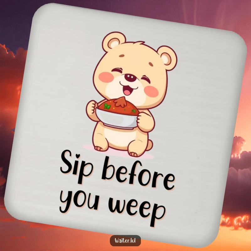Funny drink coaster with a giggling bear cub proudly presenting a dish, adding a touch of humor to tables.