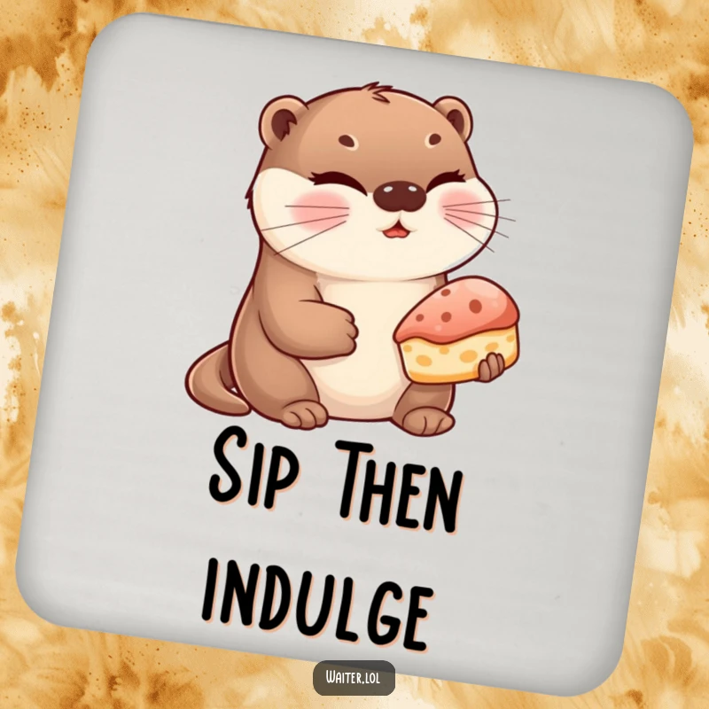 Funny Otter Pastry Coaster: A cute otter winks while presenting a pastry, protecting surfaces with adorable sweetness.
