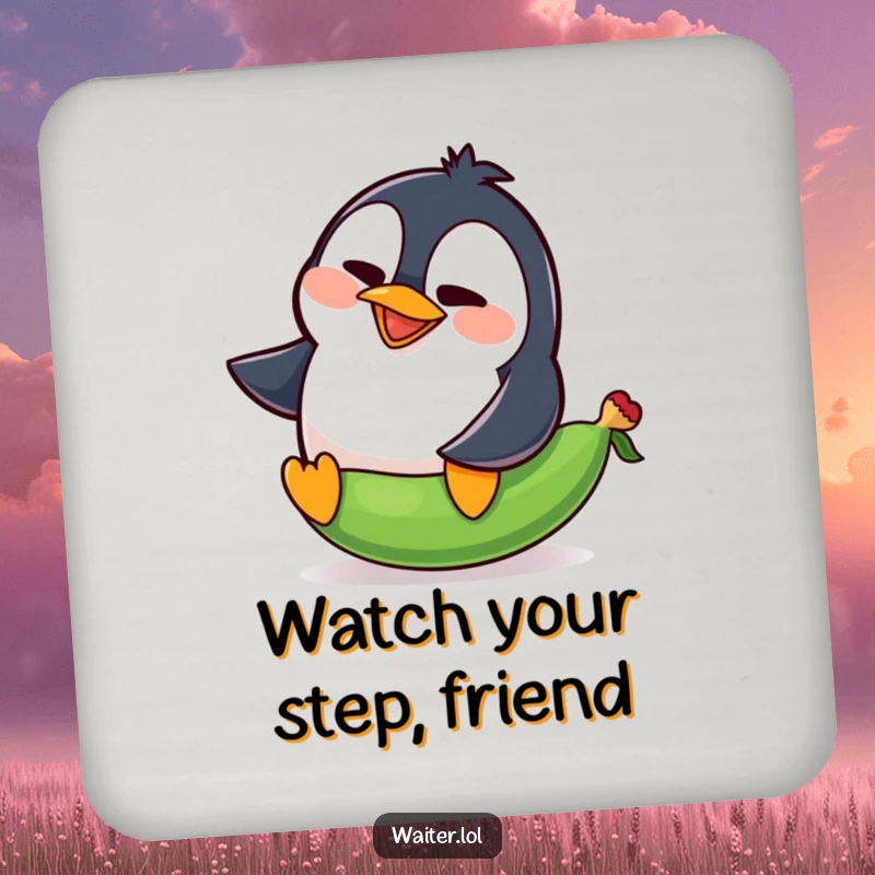 Funny penguin coaster with a goofy penguin comically slipping on a pea, squawking loudly while protecting surfaces.