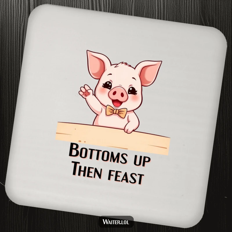 Funny Piglet Waiter Coaster: A piglet in a bowtie enthusiastically gestures towards a table, protecting surfaces with humor.