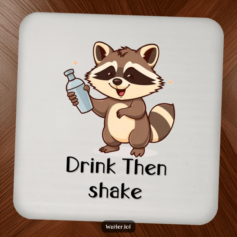 Funny Raccoon Bartender Coaster: A playful raccoon spins a cocktail shaker with energetic flourish, protecting surfaces with style.
