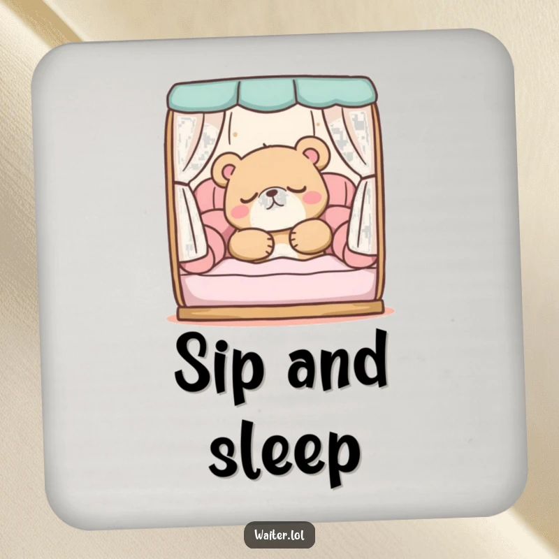 Funny drink coasters with a sleepy bear character peacefully snoozing in a comfortable booth, bringing cozy nap vibes.