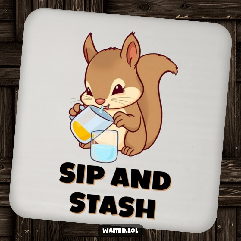Funny Squirrel Bartender Coasters: A determined squirrel pouring a drink from a tiny pitcher, protecting surfaces with humor and precision.