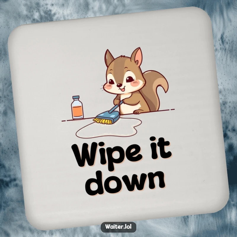 Funny squirrel coasters depicting a determined squirrel scrubbing a table, protecting furniture with industrious charm.
