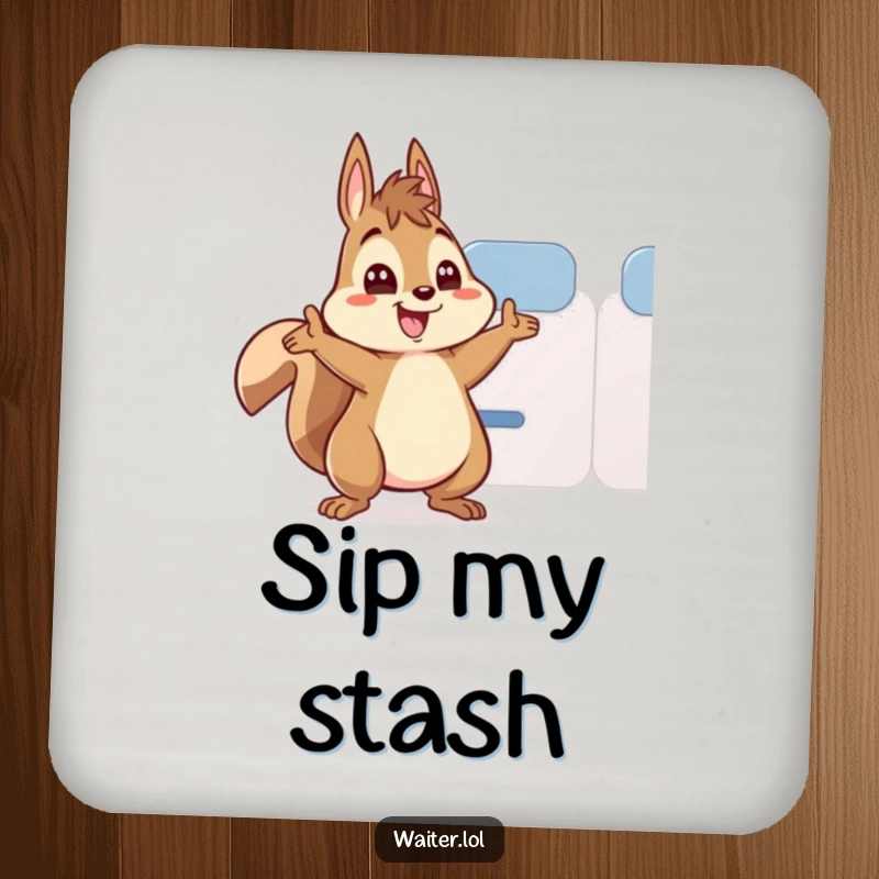 Funny drink coaster with an energetic squirrel character enthusiastically refilling a teacup, eyes wide.