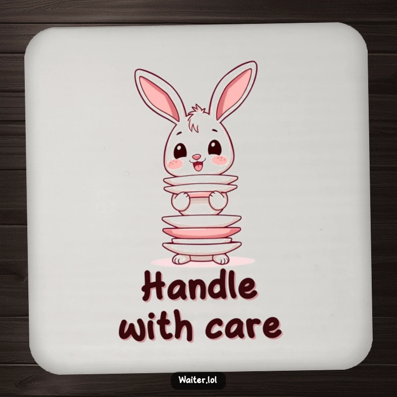 Funny drink coaster with a happy bunny character and its wobbly ears, balancing a stack of plates.