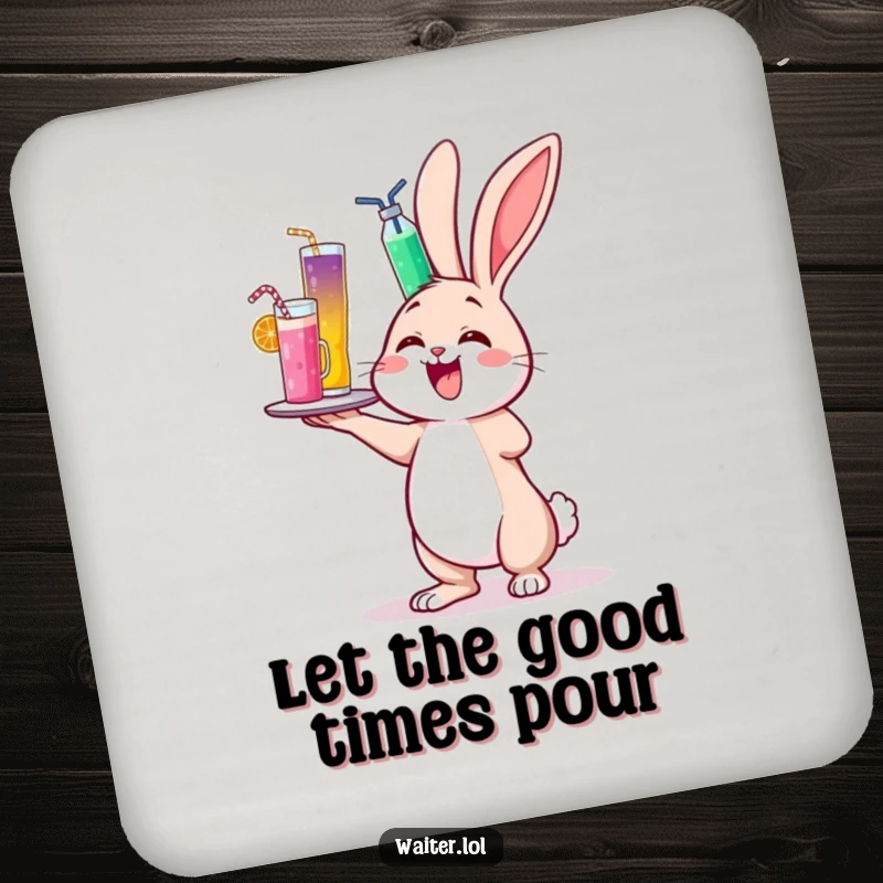 Funny drink coaster featuring a cheerful bunny delightedly wobbling while balancing a towering tray of colorful drinks.