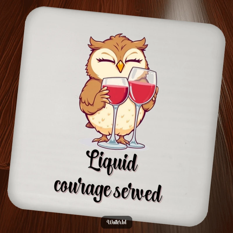 Funny drink coasters featuring a giggling owl winking while polishing a wine glass, protecting surfaces with humor.