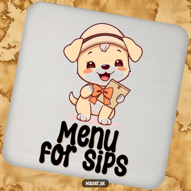 Funny drink coaster with a giggling puppy wearing a hat and bow, proudly carrying a menu, adding a cheerful and hospitable touch to any surface.