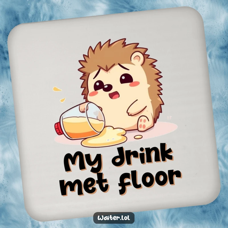 Funny Drink Coaster featuring a startled hedgehog spilling a drink, providing a humorous touch to drink protection.