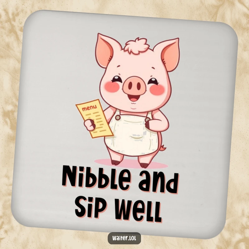 Funny Pig Menu Coaster: A jovial pig holds a menu, a cute and functional addition to any table.