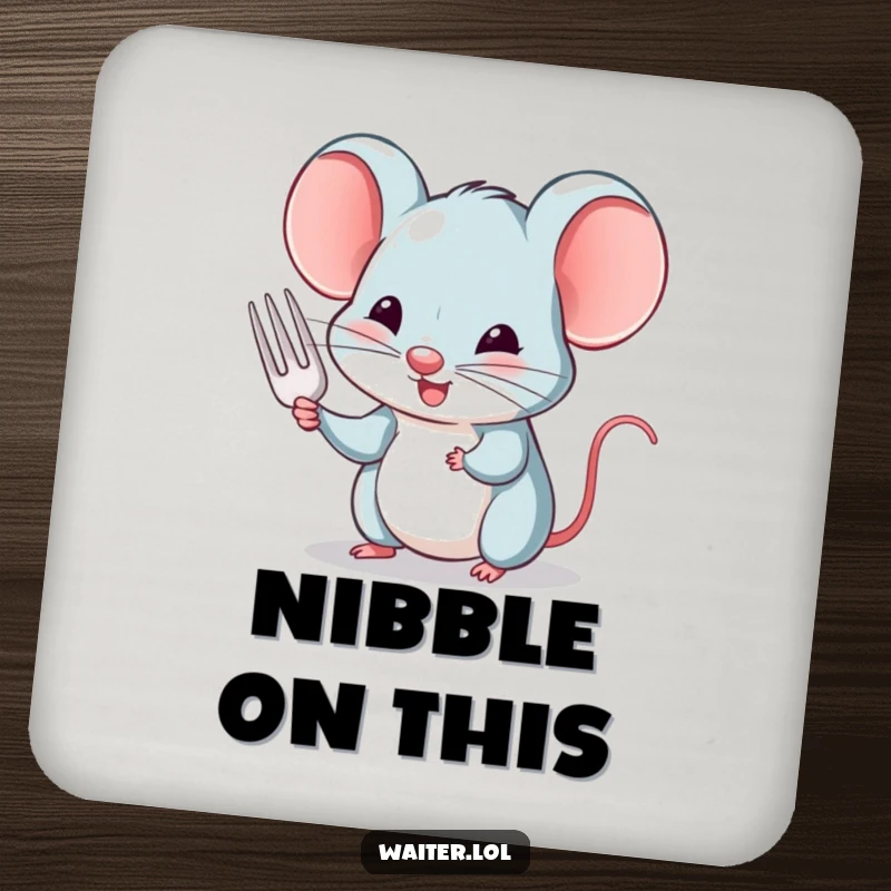 Funny drink coasters featuring a charming mouse politely nodding and offering a tiny fork, protecting surfaces with charm.