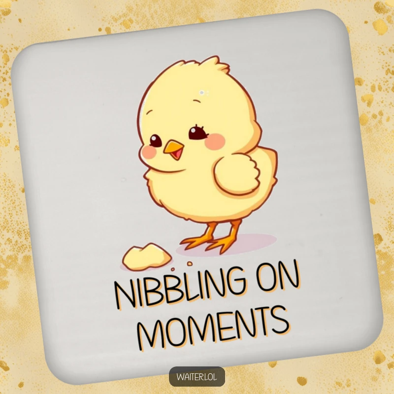 Funny drink coasters featuring a fluffy chick character pecking at a crumb with a pleased chirp, adding a humorous touch.