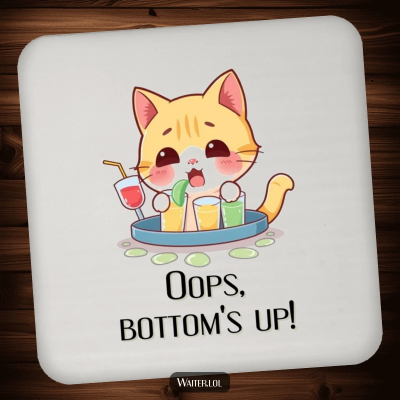 Funny drink coaster showing a playful cat character with a surprised yelp after spilling a tray of drinks.