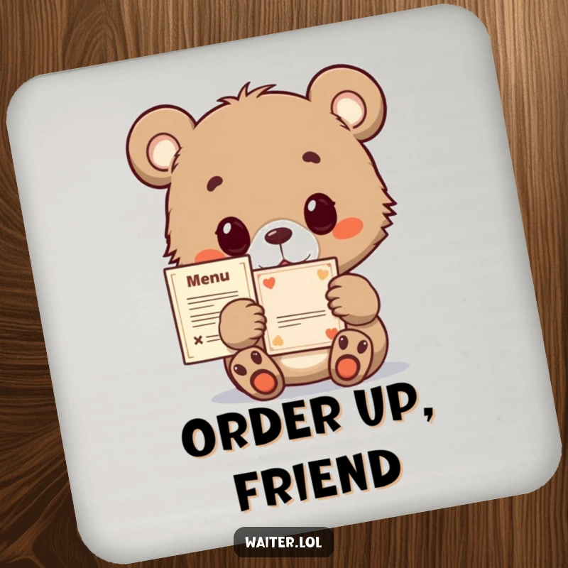 Funny bear cub coaster with tiny menu and wide, hopeful eyes, protecting surfaces with cute, gentle charm.