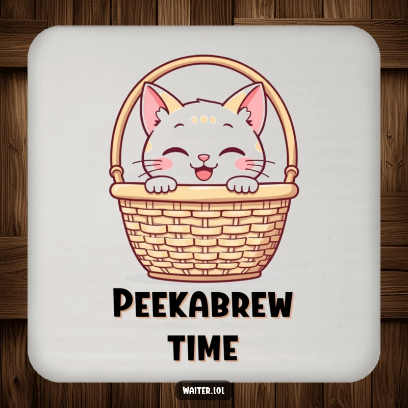 Funny coaster featuring a smiling cat peeking from behind a napkin basket, adding humor and surface protection.