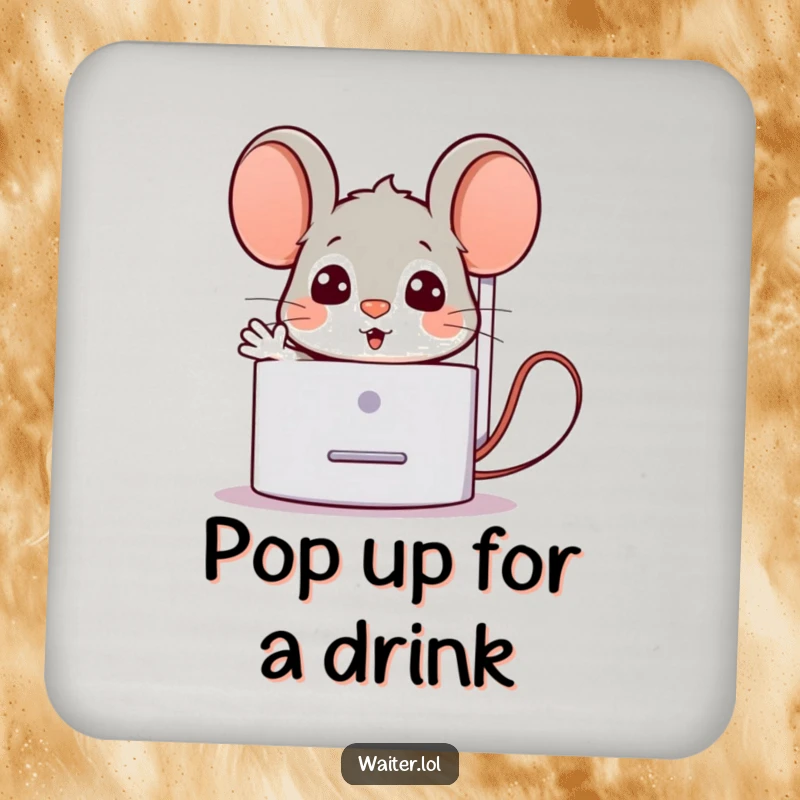 Funny Drink Coaster depicting a surprised mouse popping out from behind a napkin dispenser with a welcoming gesture, providing surface protection with humor.