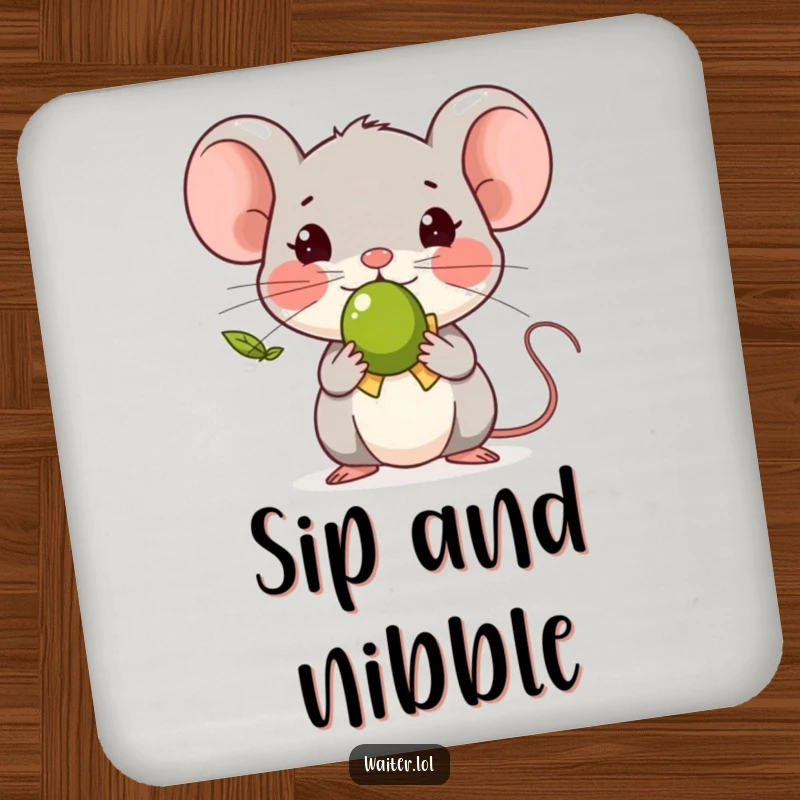 Funny tiny mouse character bowing politely, offering a single olive, printed on protective drink coasters.