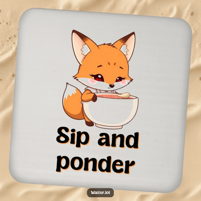 Funny fox chef coaster featuring a curious cartoon fox in an apron peering into a steaming bowl with intrigue, protecting surfaces humorously.