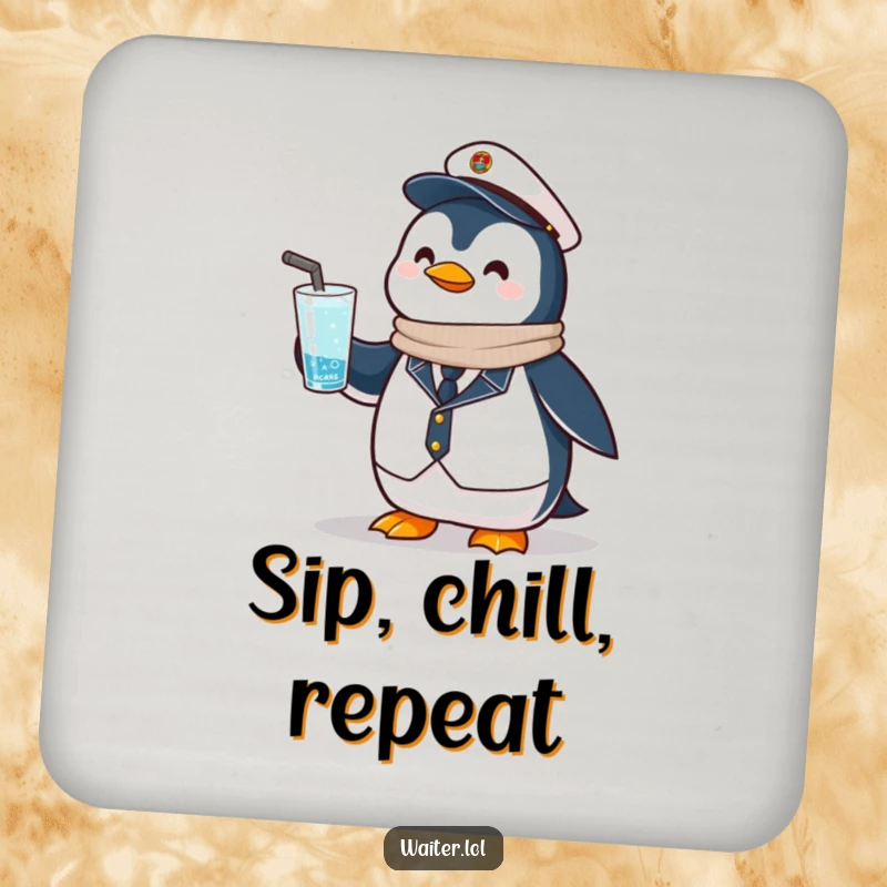 Funny Penguin Drink Coaster: A proud penguin offers a frosty drink, a chic and functional addition to any table.