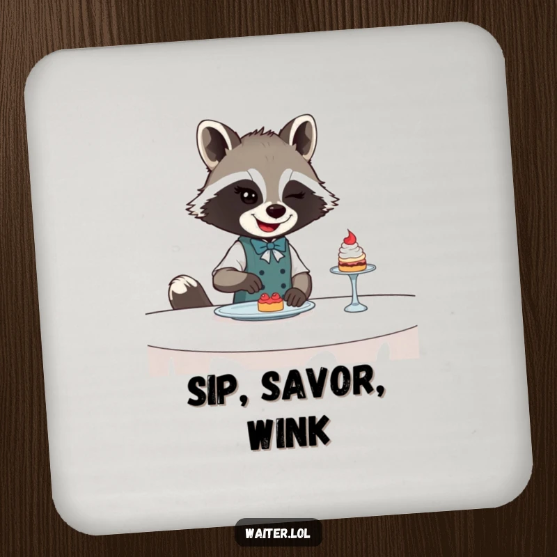 Funny Raccoon Waiter Coasters: Winking raccoon waiter sliding dessert, protecting surfaces with humorous bandit flair.