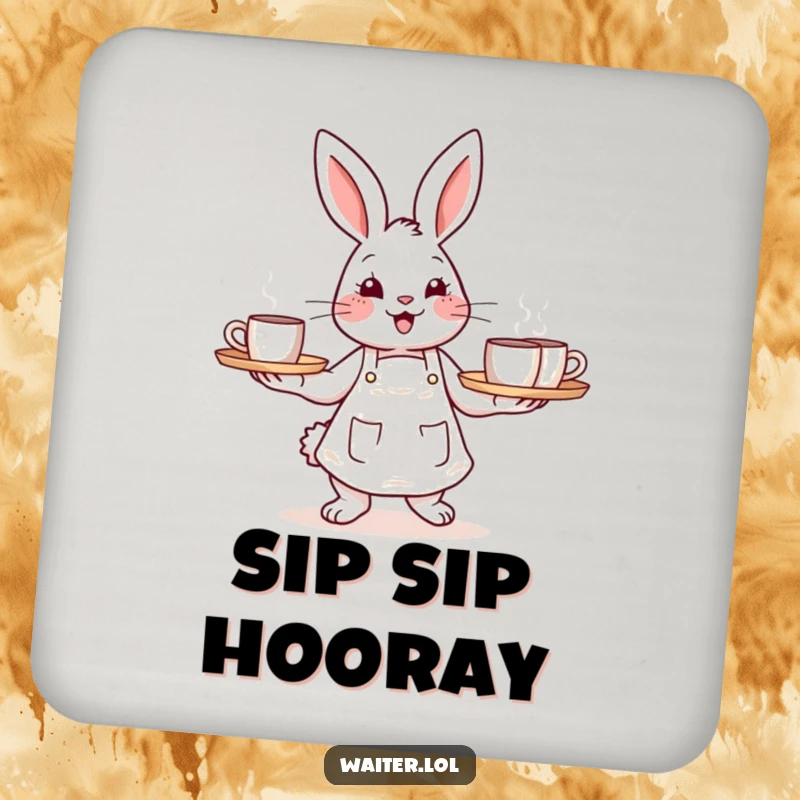 Funny drink coaster showing a cheerful bunny in an apron carrying a tray of steaming mugs, protecting surfaces humorously.