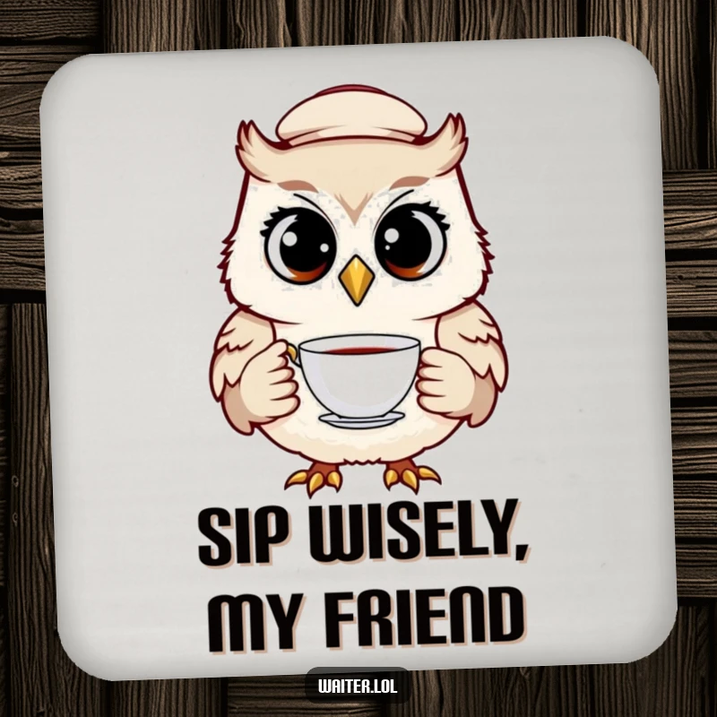 Funny owl waiter coaster featuring a cheerful bird in a cap, holding a teacup with wide, knowing eyes, protecting tables.