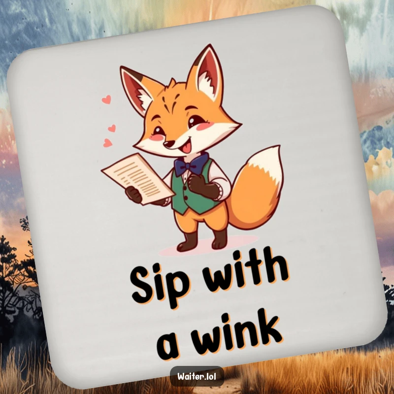 Funny fox waiter coaster featuring a playful fox offering a menu with a flourish and a mischievous twinkle, protecting tables.