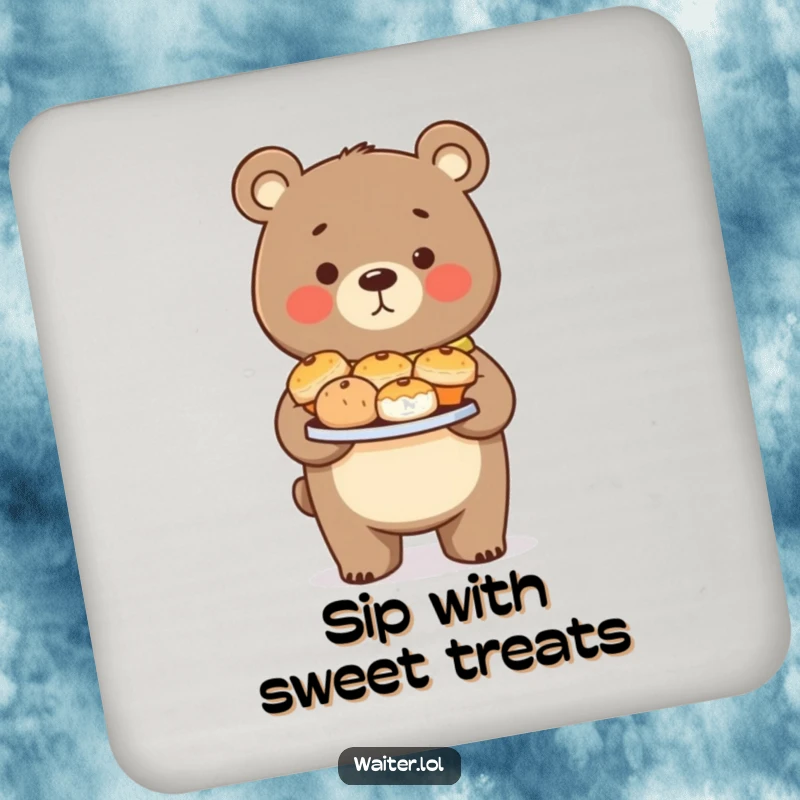 Funny Bear Pastry Coaster: A proud bear carefully presents pastries, a cute and functional addition to any table.