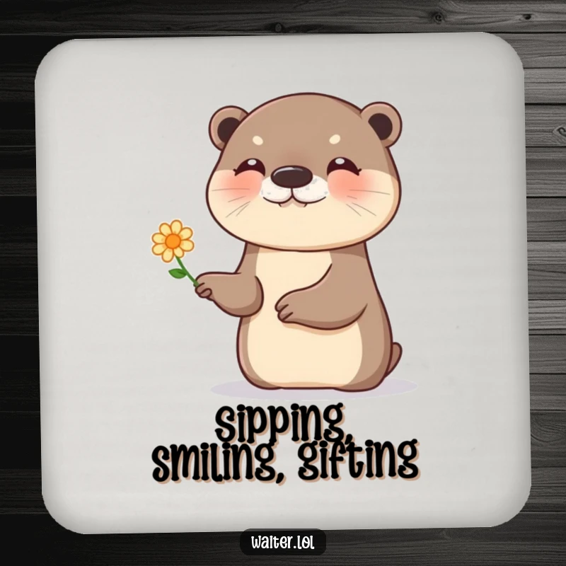 Funny otter drink coaster, a giggling otter presenting a single, tiny flower with a flourish, protects surfaces with charm.