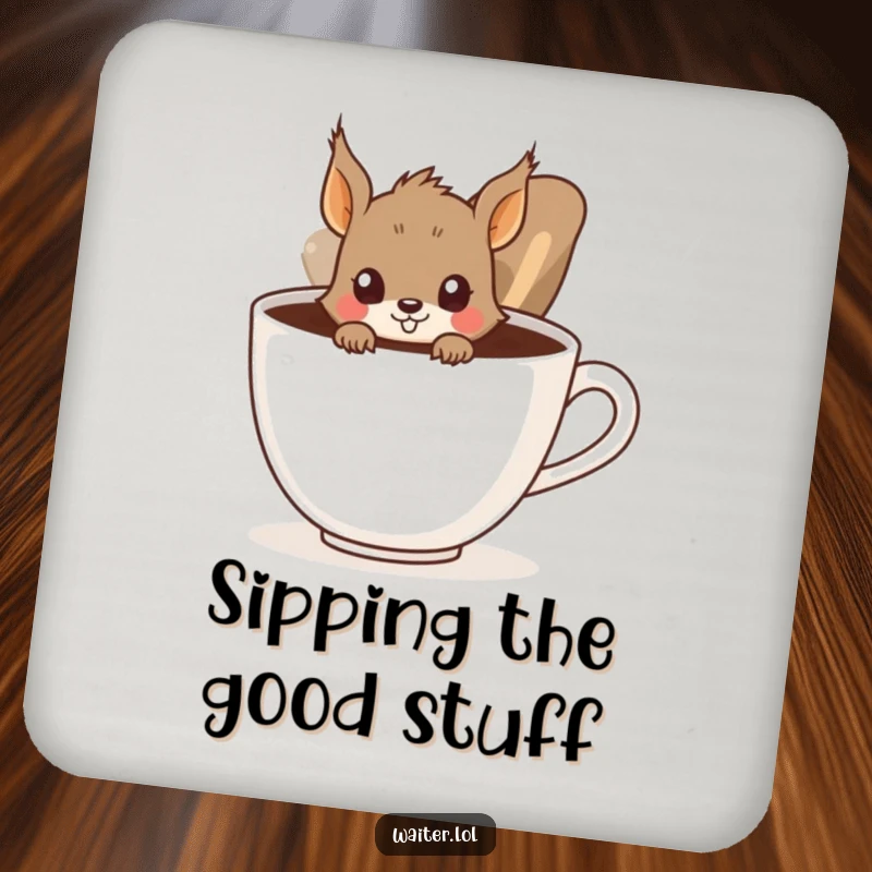 Funny Squirrel Coaster: A curious squirrel peeks from behind a large coffee cup, a humorous and protective drink accessory.