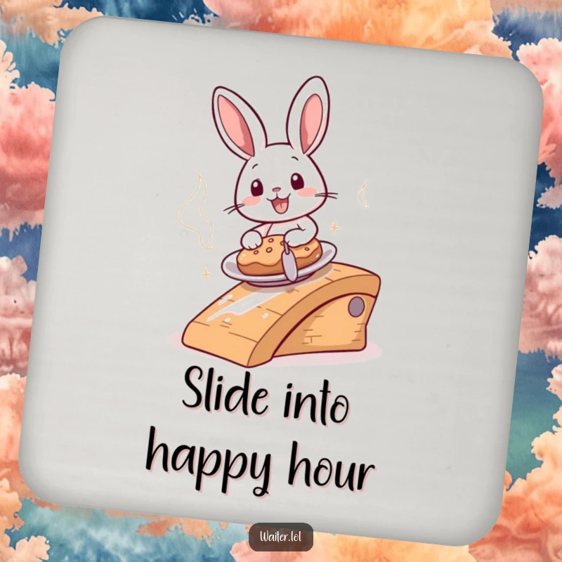 Funny cheerful bunny sliding a steaming plate down a ramp on a drink coaster, offering humorous speedy protection.