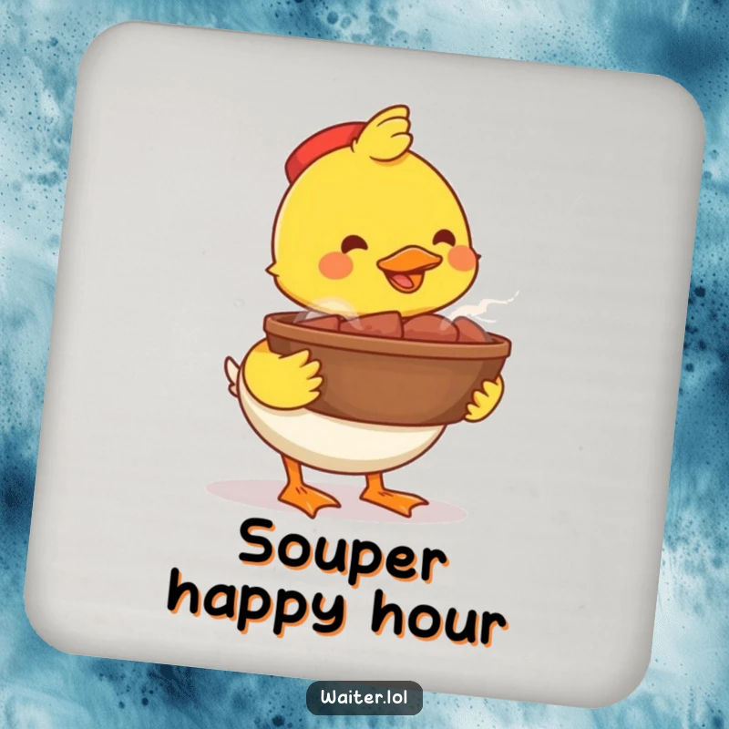Funny happy duck bowl coaster, a proud duck carrying a steaming bowl, protecting surfaces with a touch of culinary humor.