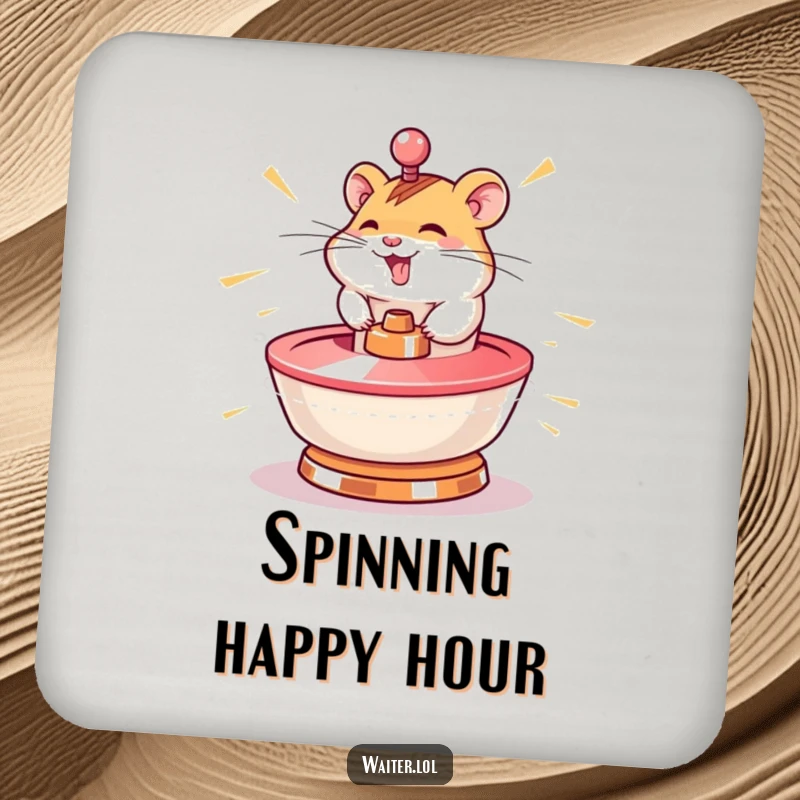 Funny hamster coaster featuring a giggling character spinning a lazy susan at lightning speed, a small but speedy humorous accessory.