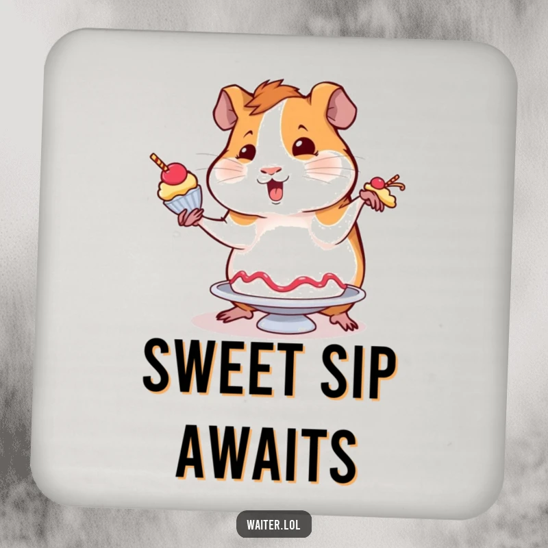 Funny coaster featuring a wobbly guinea pig attempting to balance a dessert with flair, adding humor and surface protection.