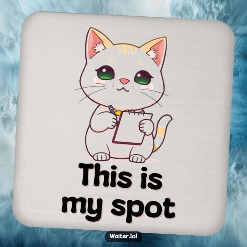 Funny Cat Barista Coasters: A cute, focused cat barista with a notepad, ready to take an order, protecting surfaces with humor.
