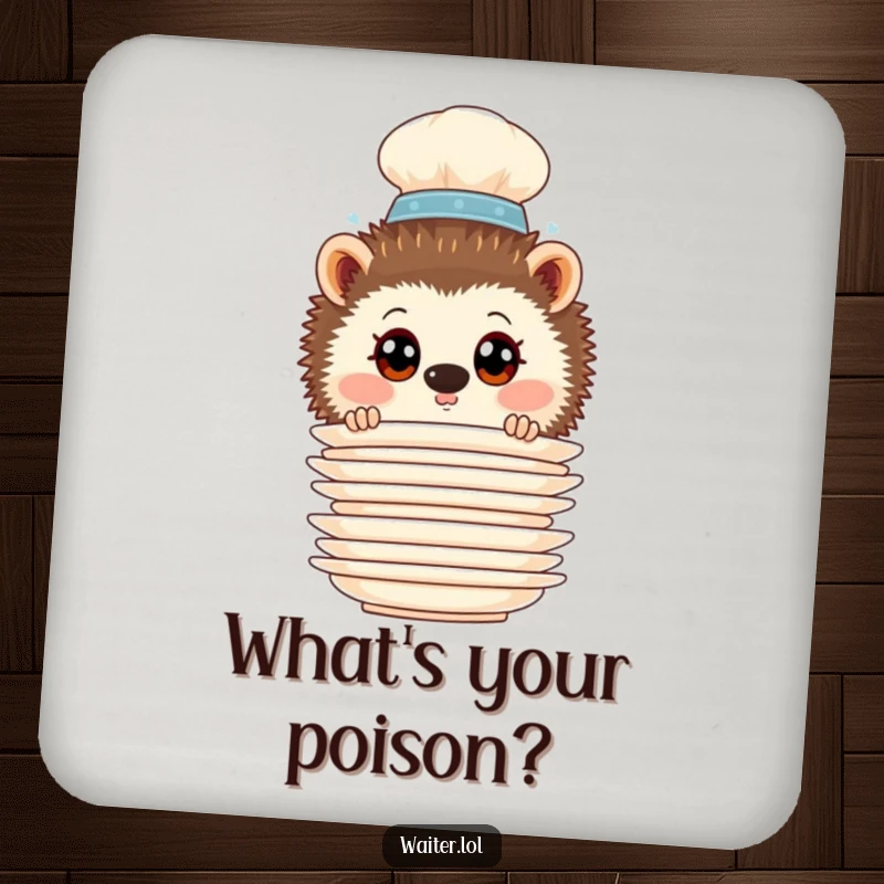 Funny Hedgehog Waiter Coasters: Curious hedgehog waiter peering from behind plates, protecting surfaces with humorous charm.