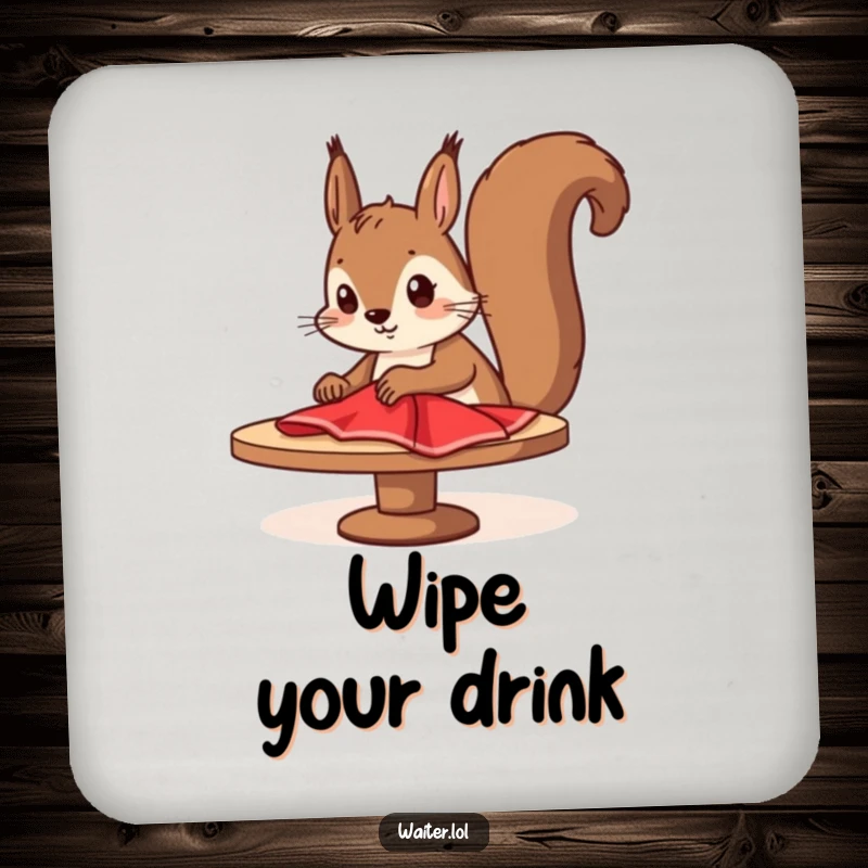Funny squirrel cleaner coaster featuring a determined cartoon squirrel diligently wiping a table with a red cloth, protecting surfaces humorously.