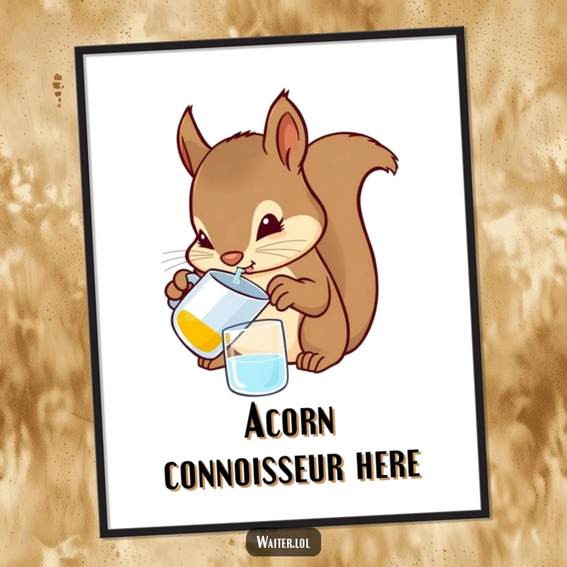 Funny Squirrel Bartender Poster: A charming illustration of a determined squirrel meticulously pouring a drink from a tiny pitcher with focused paws.