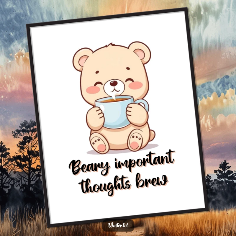 Funny bear cub poster featuring a sweet cub with careful paws holding a steaming coffee cup, perfect for wall decor.