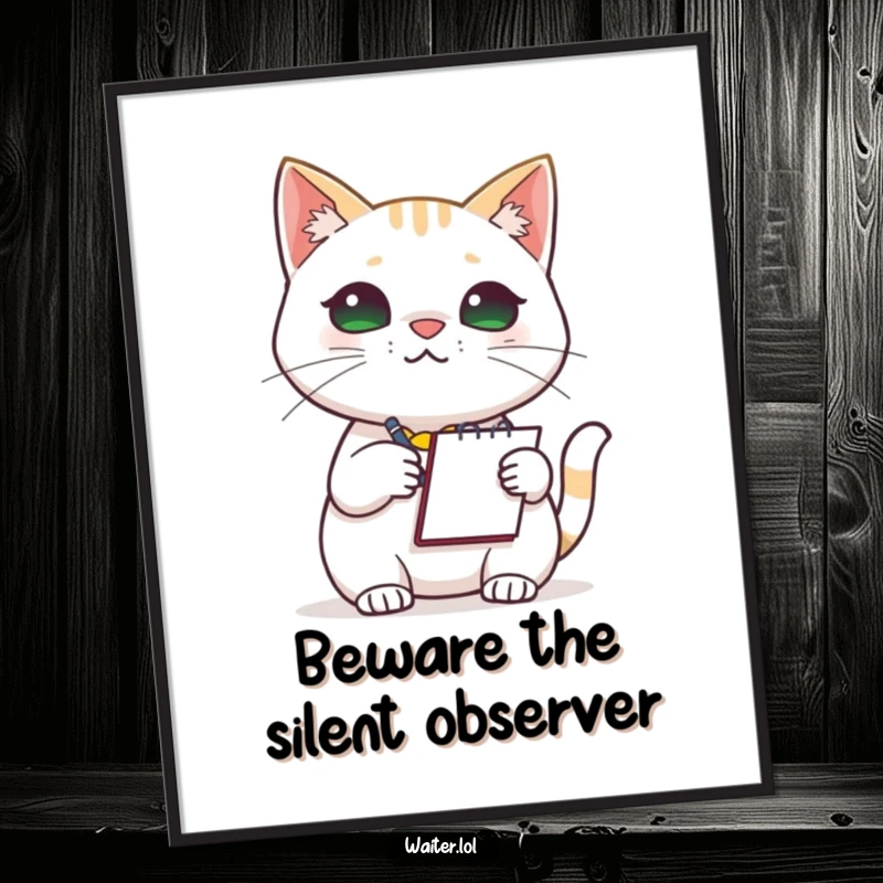 Funny Cat Barista Poster: A charming illustration of a cat meticulously taking an order with a notepad, showcasing intense focus and polite engagement.