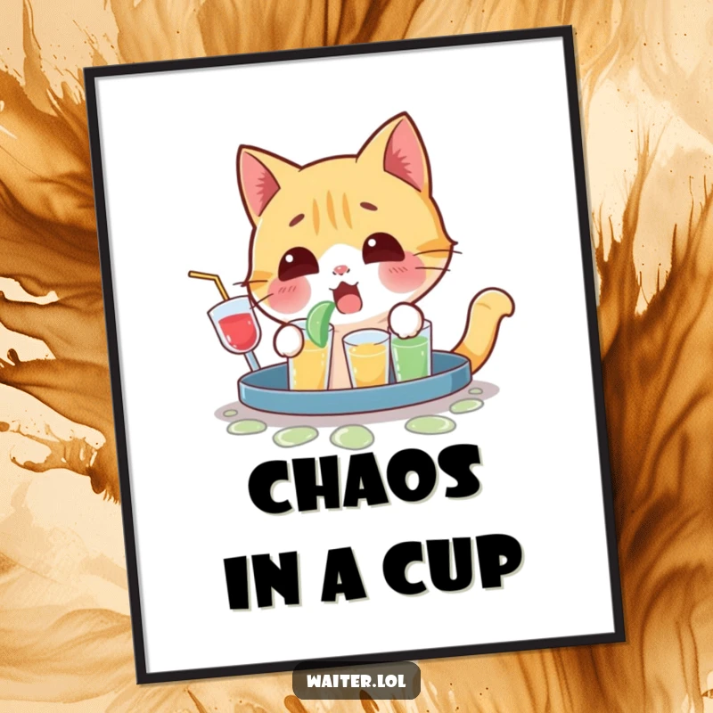 Funny poster showing a playful cat character mid-yelp with a surprised expression after spilling a tray of drinks.