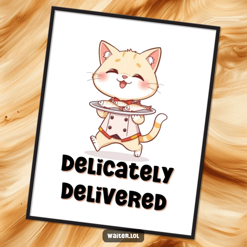 Funny cat waiter poster, a giggling cat wearing a tiny waiter uniform tiptoes with a plate full of miniature fish.