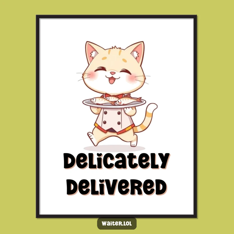 Funny Cat Waiter Poster: Fish Plate Art, Hilarious Dining Decor Gift
