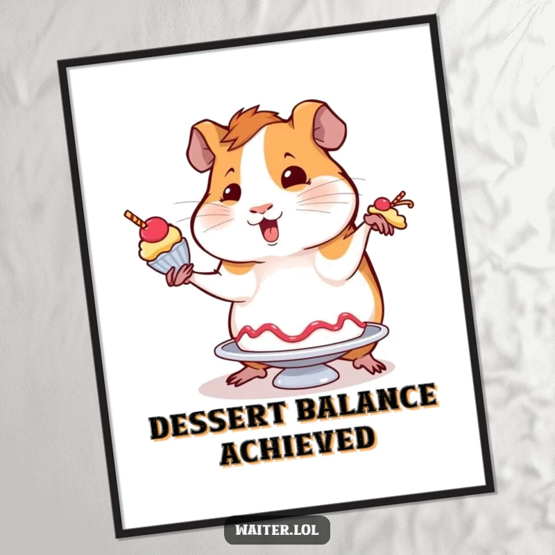 Funny poster showcasing a wobbly guinea pig attempting to balance a dessert with flair, adding a humorous and sweet touch to decor.